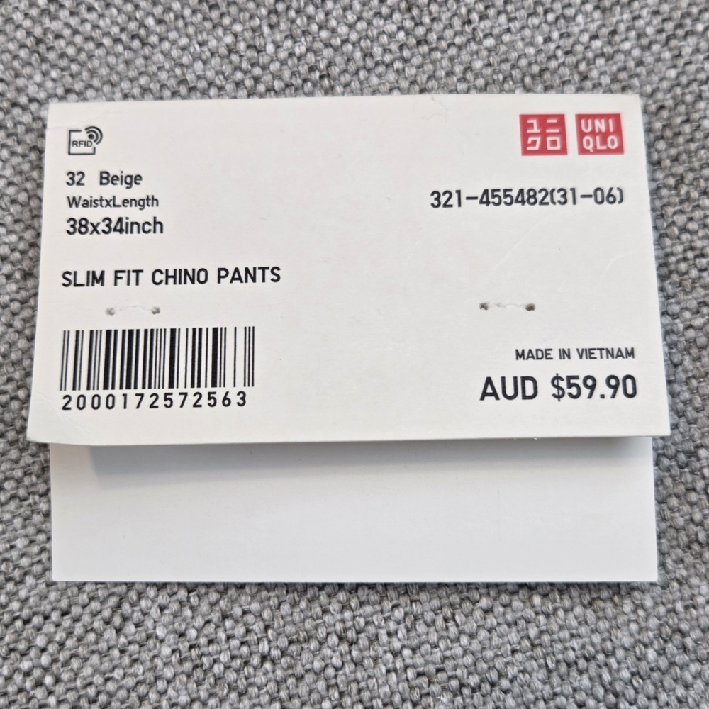 Uniqlo Slim Fit Chino Khaki Flat Front Pants Men's 38x34‎ Comfort City Preppy - Picture 4 of 10